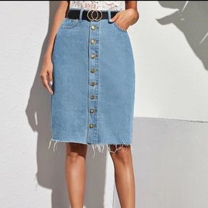 Raw Hem Button Up Denim Skirt W/O Belt